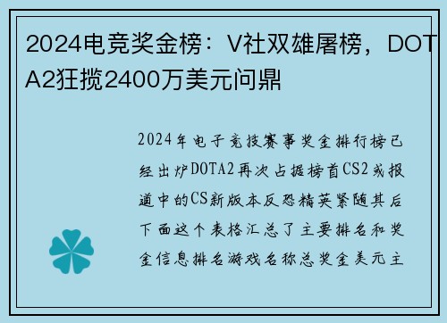 2024电竞奖金榜：V社双雄屠榜，DOTA2狂揽2400万美元问鼎 